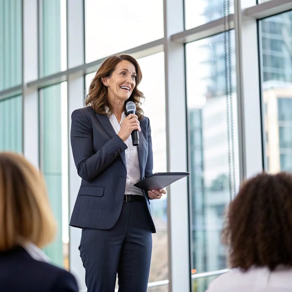 Business executive Sarah Thompson giving a testimonial