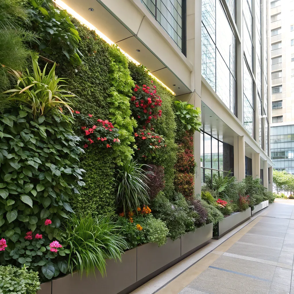 A well-maintained vertical garden with a diverse range of plants